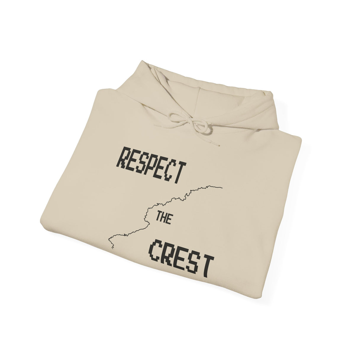 Light beige pullover hoodie folded flat with front graphic print and drawstring hood