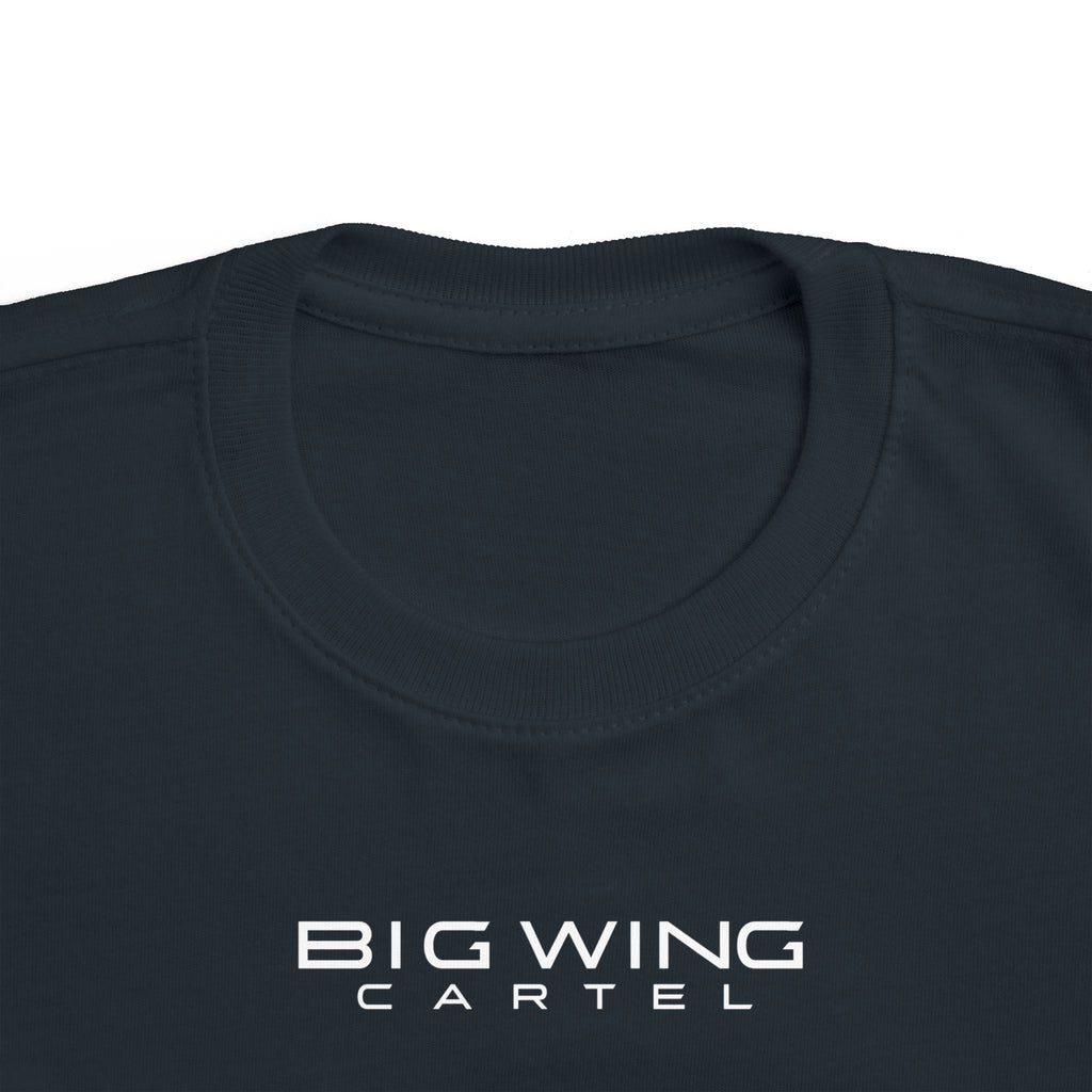 Black toddler T-shirt close-up of neckline and Big Wing Cartel chest logo