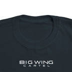 Black toddler T-shirt close-up of neckline and Big Wing Cartel chest logo