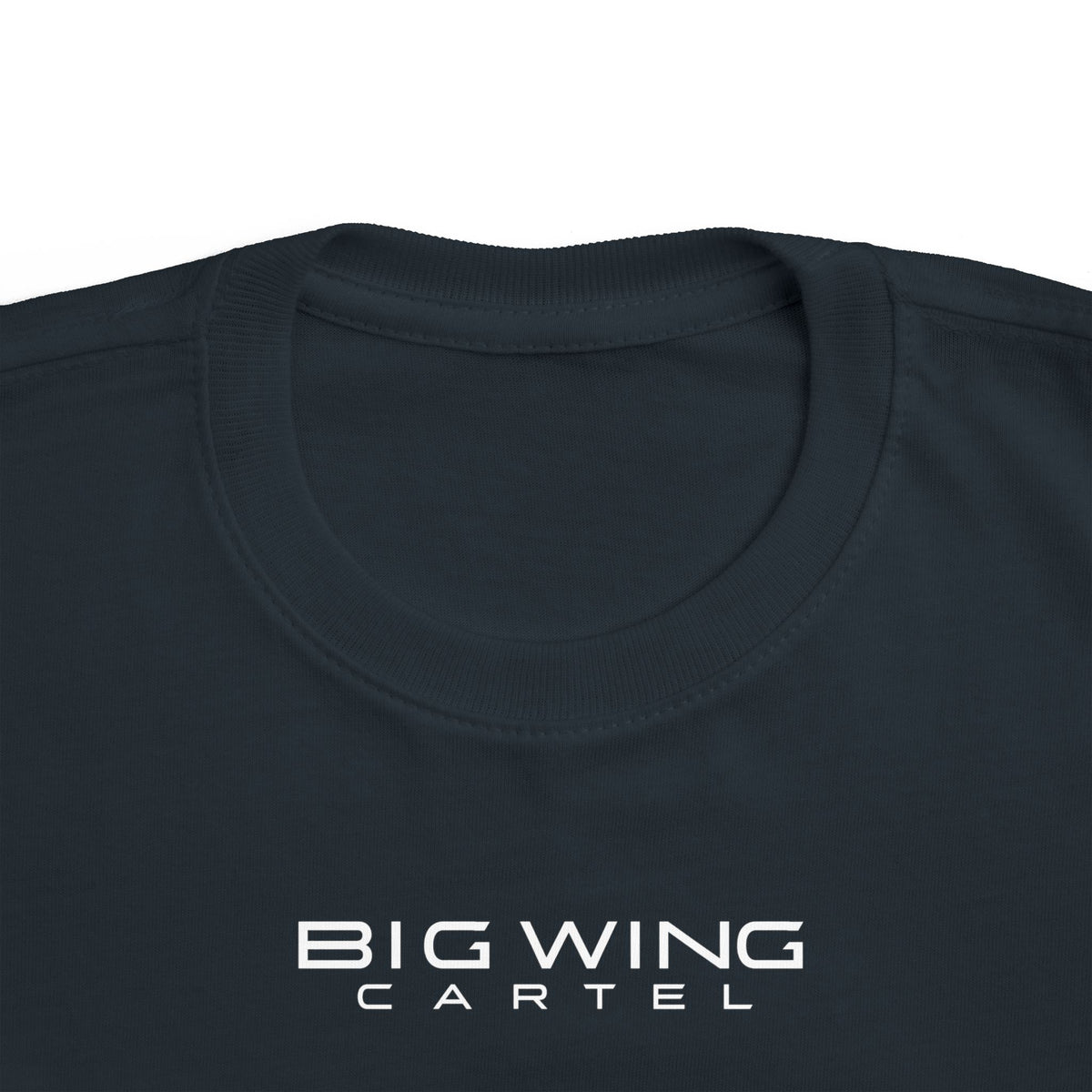 Black toddler T-shirt close-up of neckline and Big Wing Cartel chest logo