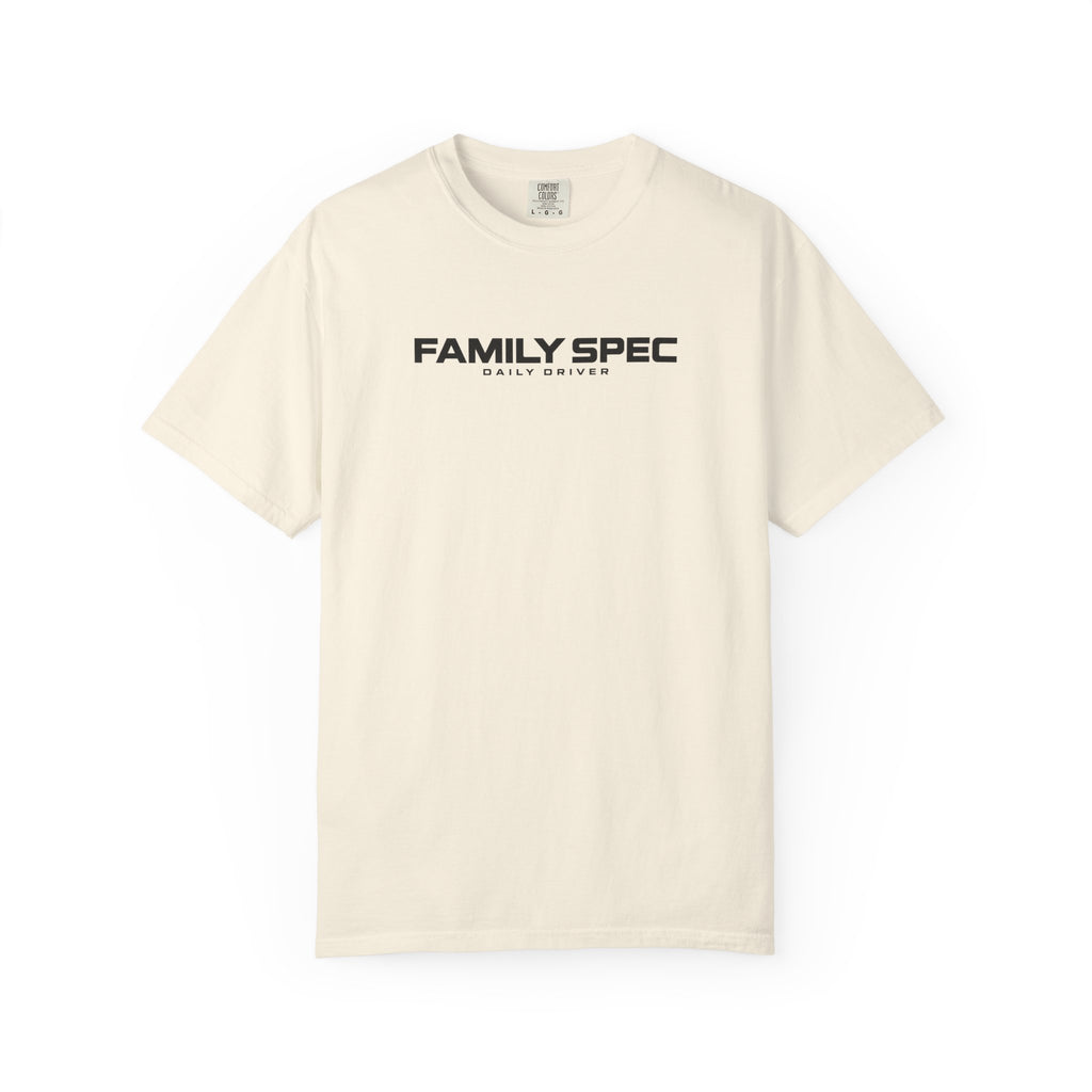Ivory crewneck T-shirt with “FAMILY SPEC” and “DAILY DRIVER” front graphic