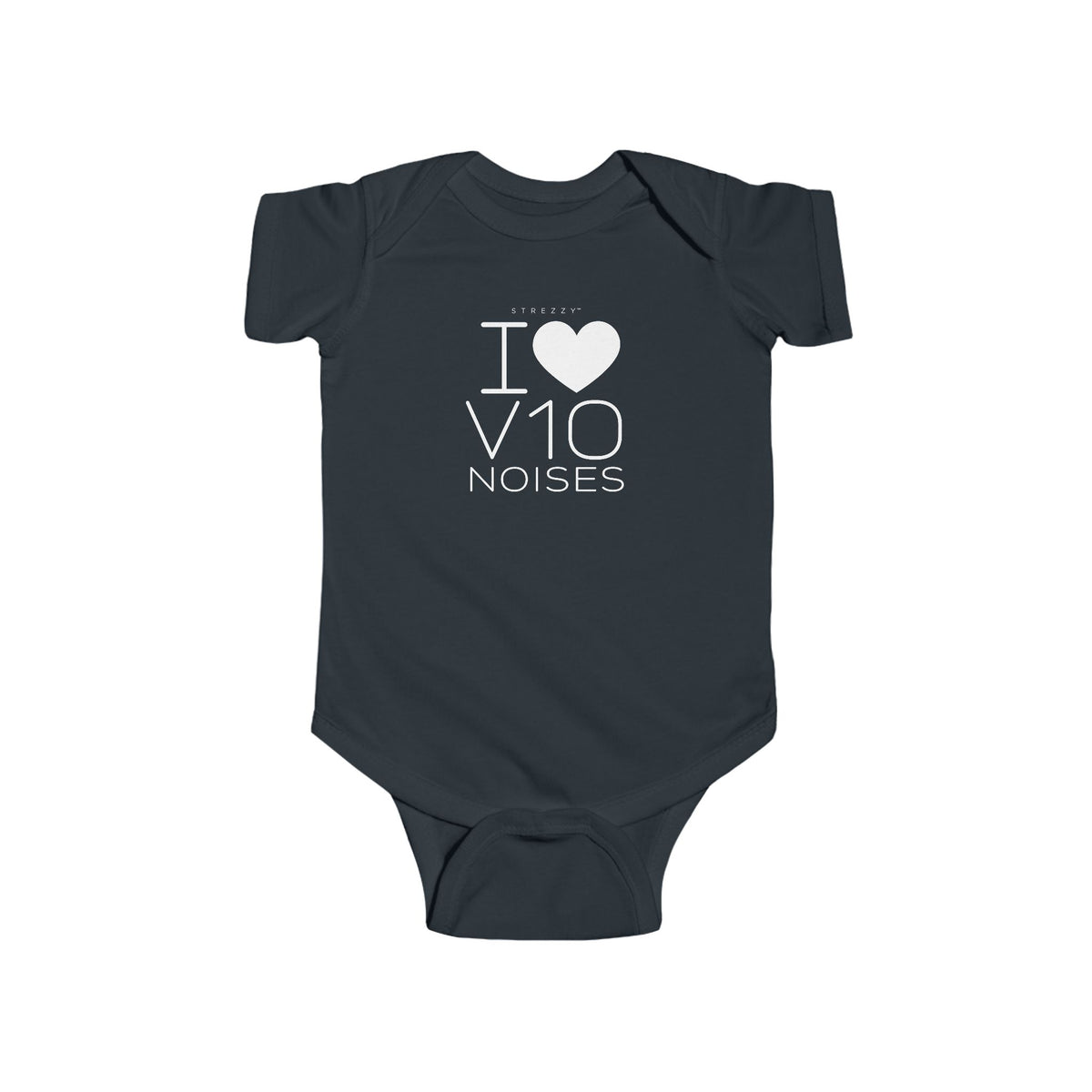 Black baby bodysuit with short sleeves and I Love V10 Noises heart graphic