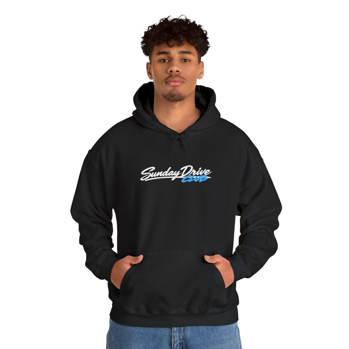 Black pullover hoodie worn by model, embroidered chest logo and drawstring hood