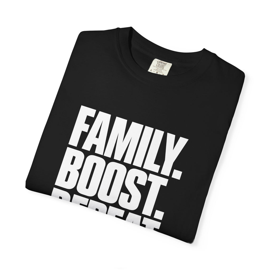 Black graphic slogan T-shirt, close angled view of the stacked chest text