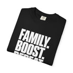 Black graphic slogan T-shirt, close angled view of the stacked chest text