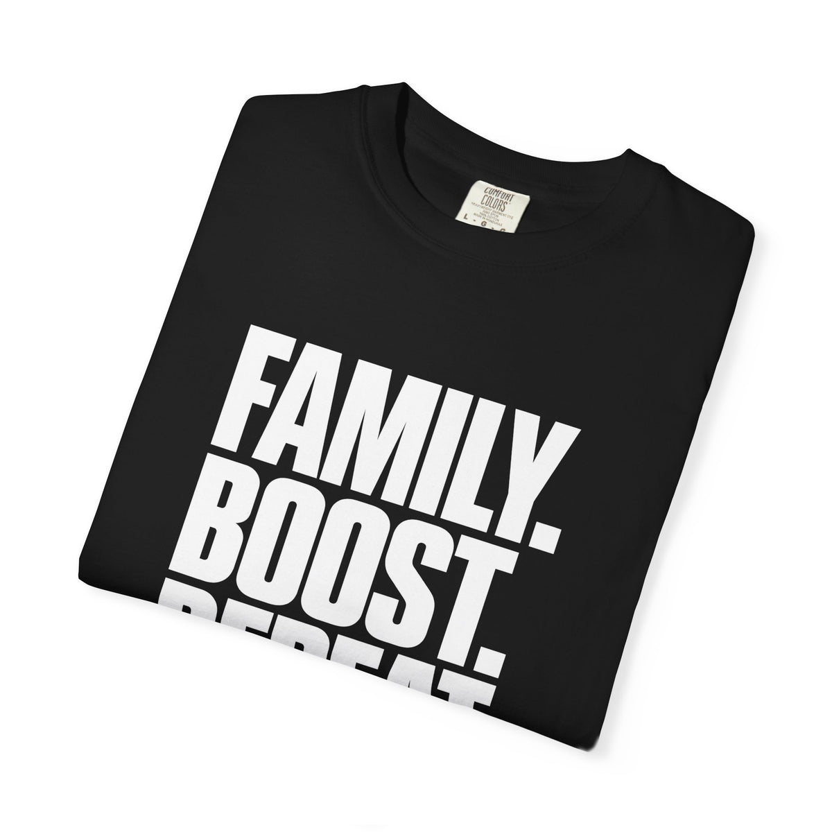 Black graphic slogan T-shirt, close angled view of the stacked chest text
