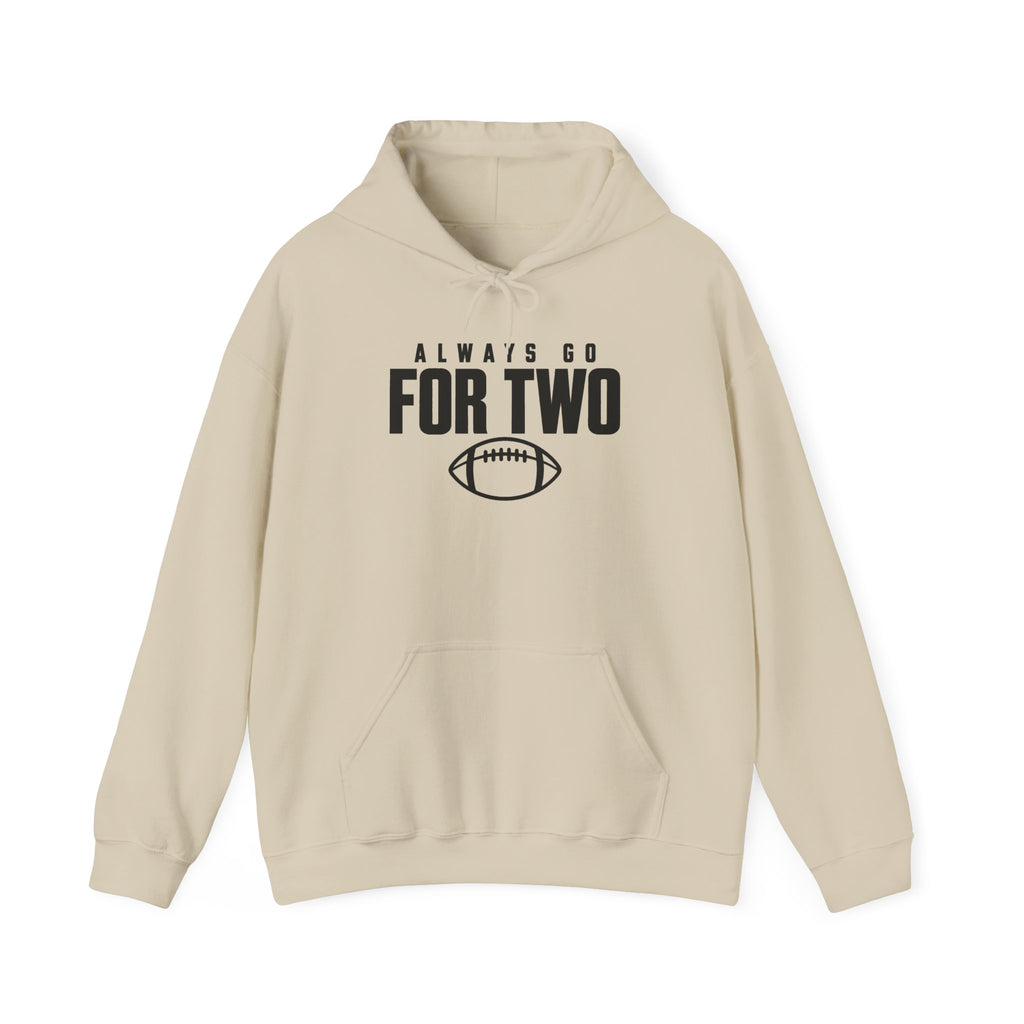 Sand pullover hoodie with front pocket, drawstring hood, and football graphic text
