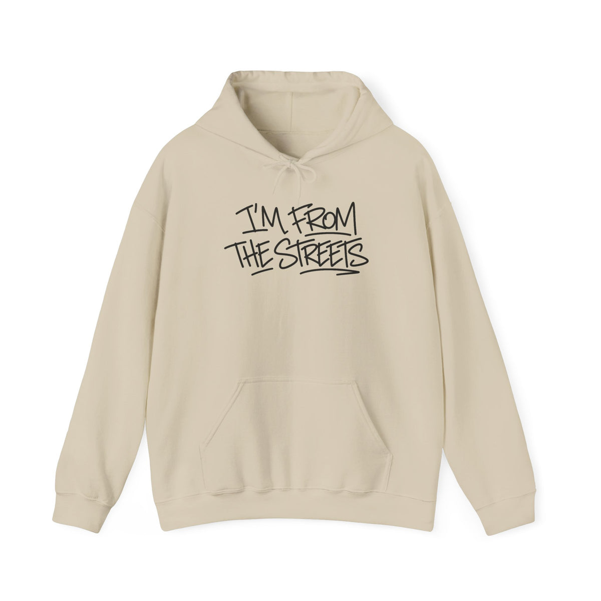Sand pullover hoodie with 'I'm From The Streets' graphic and front pouch pocket