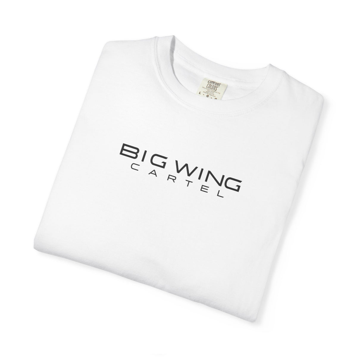 White graphic T-shirt with Big Wing Cartel front logo print, folded
