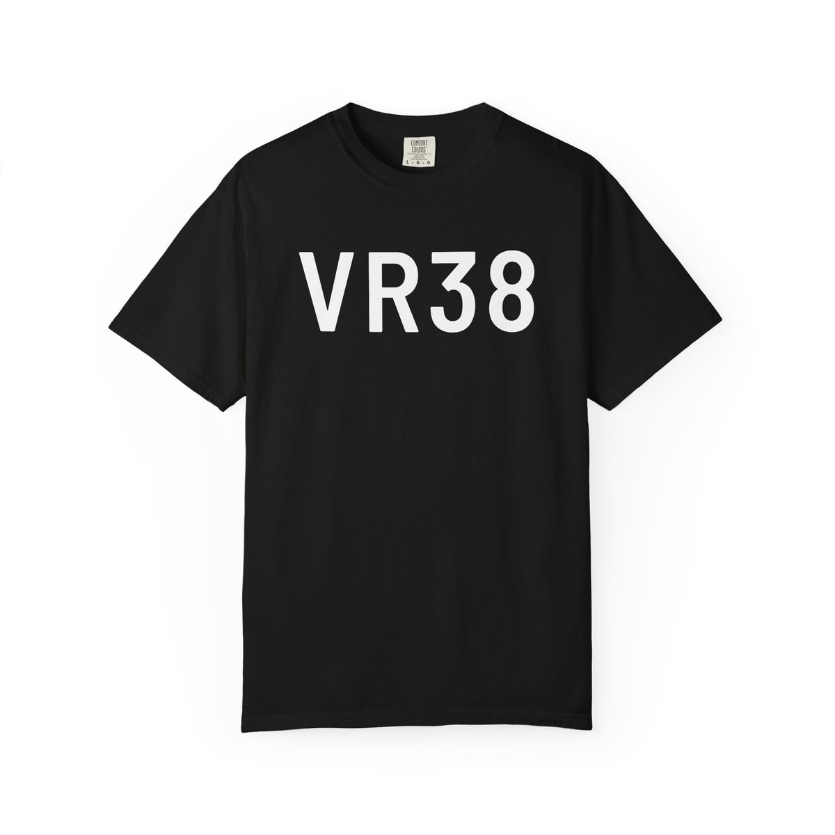 Black T-shirt with large white VR38 logo on front