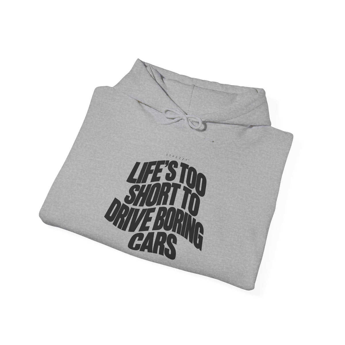 Light gray pullover hoodie with 'Drive boring cars' graphic on the front.