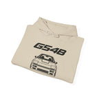 Sand silhouette hoodie with G54B text and car graphic on the front