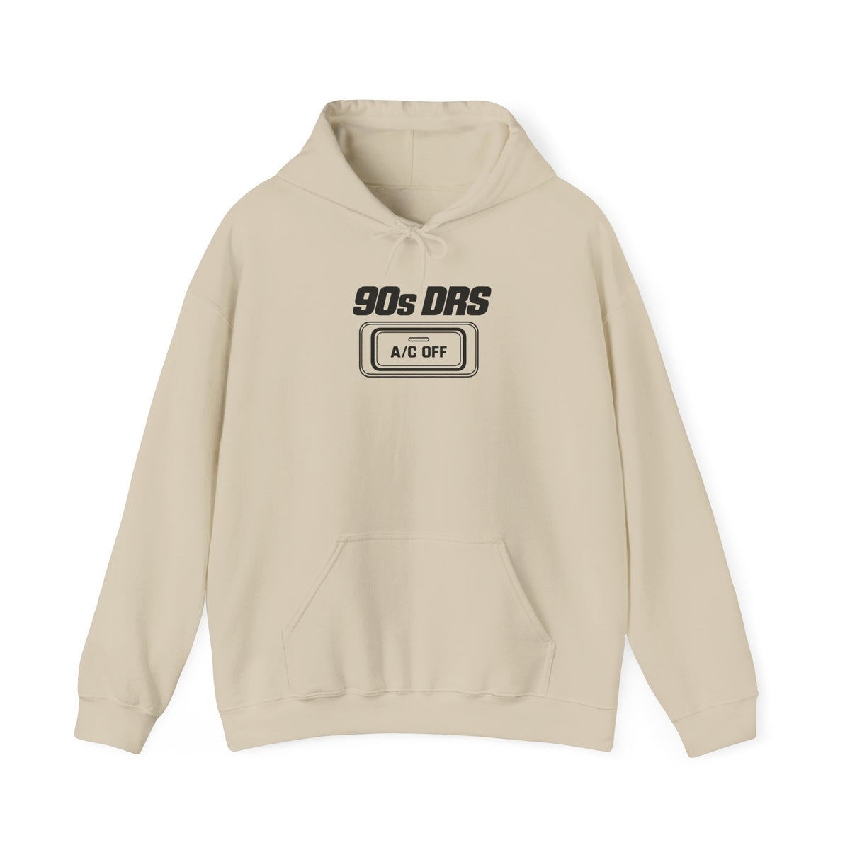Sand hoodie with “90s DRS A/C OFF” chest graphic, hood drawstrings, and kangaroo pocket.