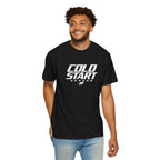 Black graphic T-shirt worn by model with "COLD START SEASON" logo on front