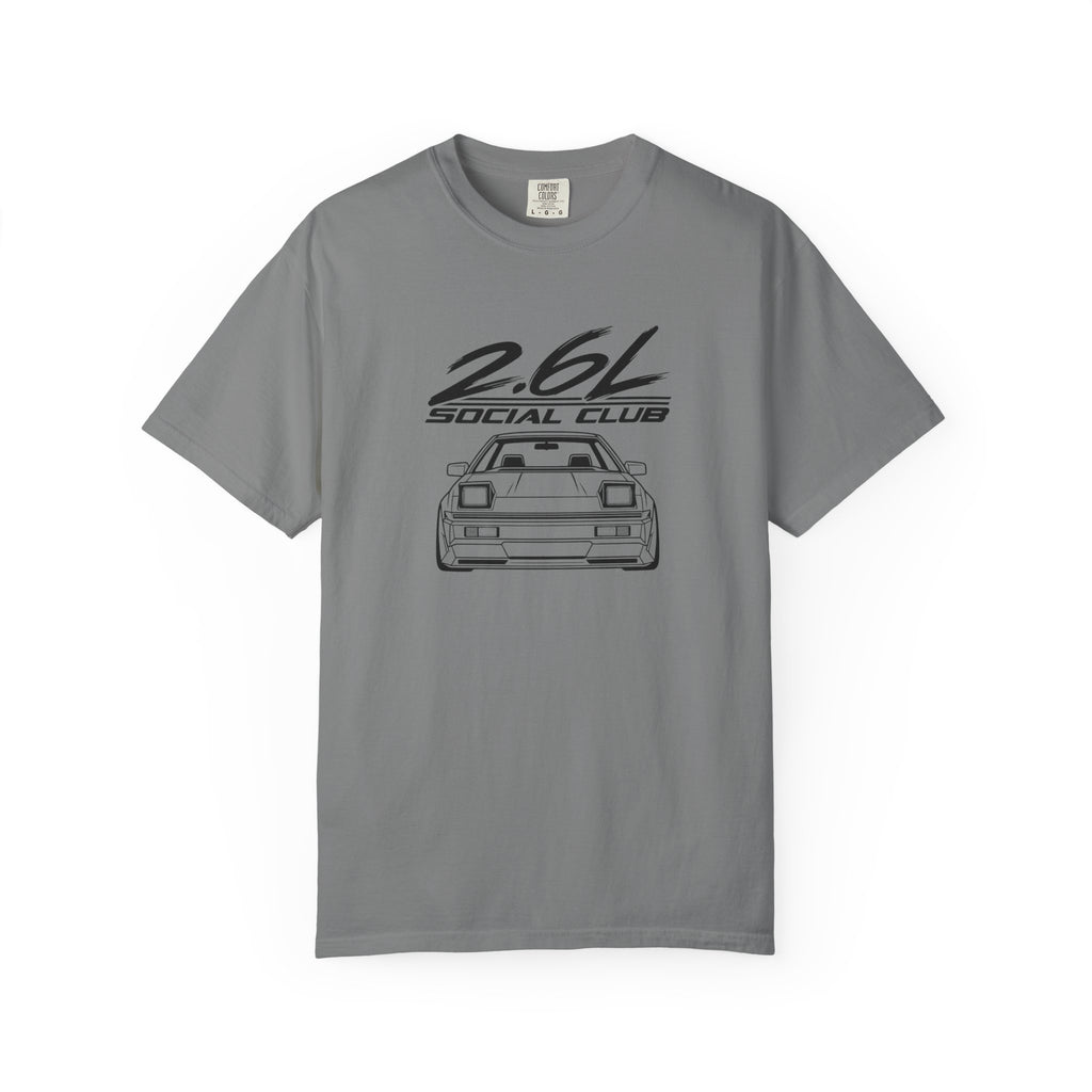 Grey crew-neck T-shirt with 2.6L Social Club JDM car graphic