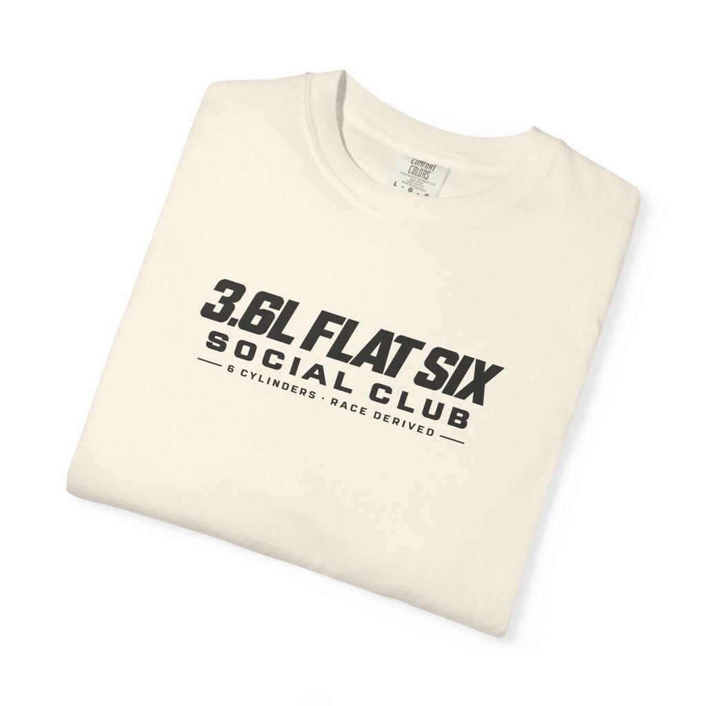 Ivory crewneck t-shirt with bold 3.6L Flat Six Social Club logo graphic