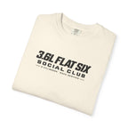 Ivory crewneck t-shirt with bold 3.6L Flat Six Social Club logo graphic