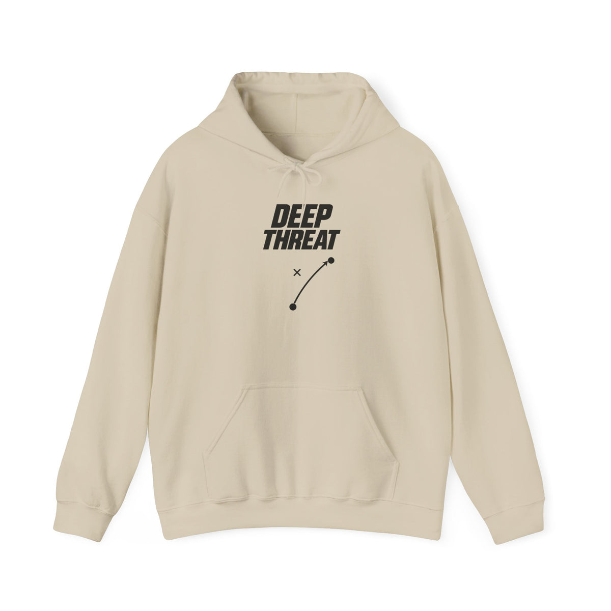 Sand pullover hoodie with drawstring hood, kangaroo pocket, and DEEP THREAT logo