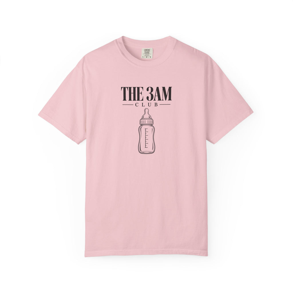 Blush pink baby bottle graphic t-shirt with “THE 3AM CLUB” text on the front