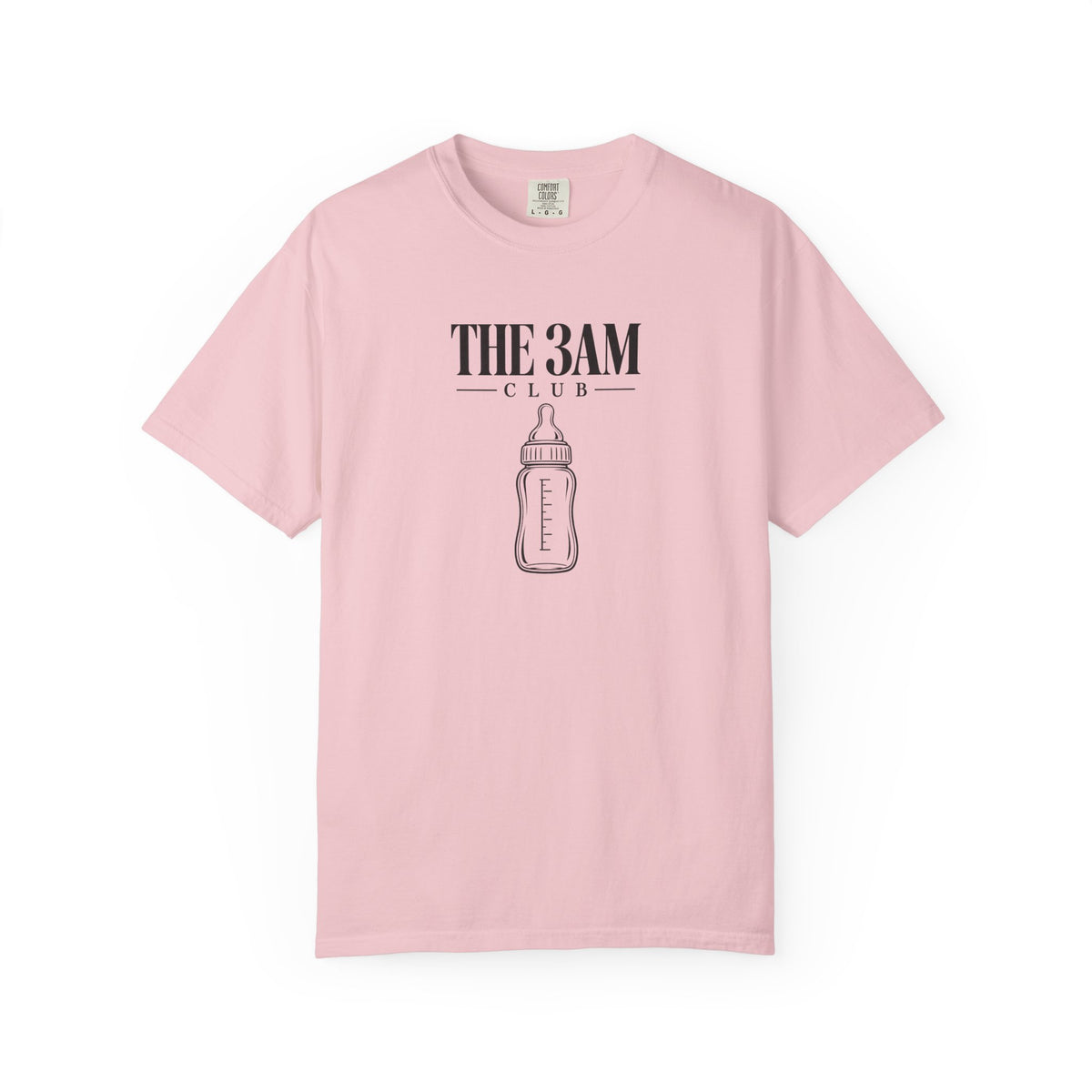Blush pink baby bottle graphic t-shirt with “THE 3AM CLUB” text on the front