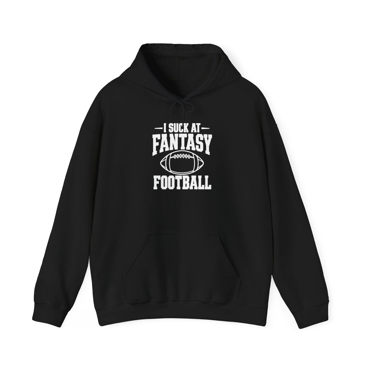 Black fantasy football hoodie with hood, drawstring, and front text graphic