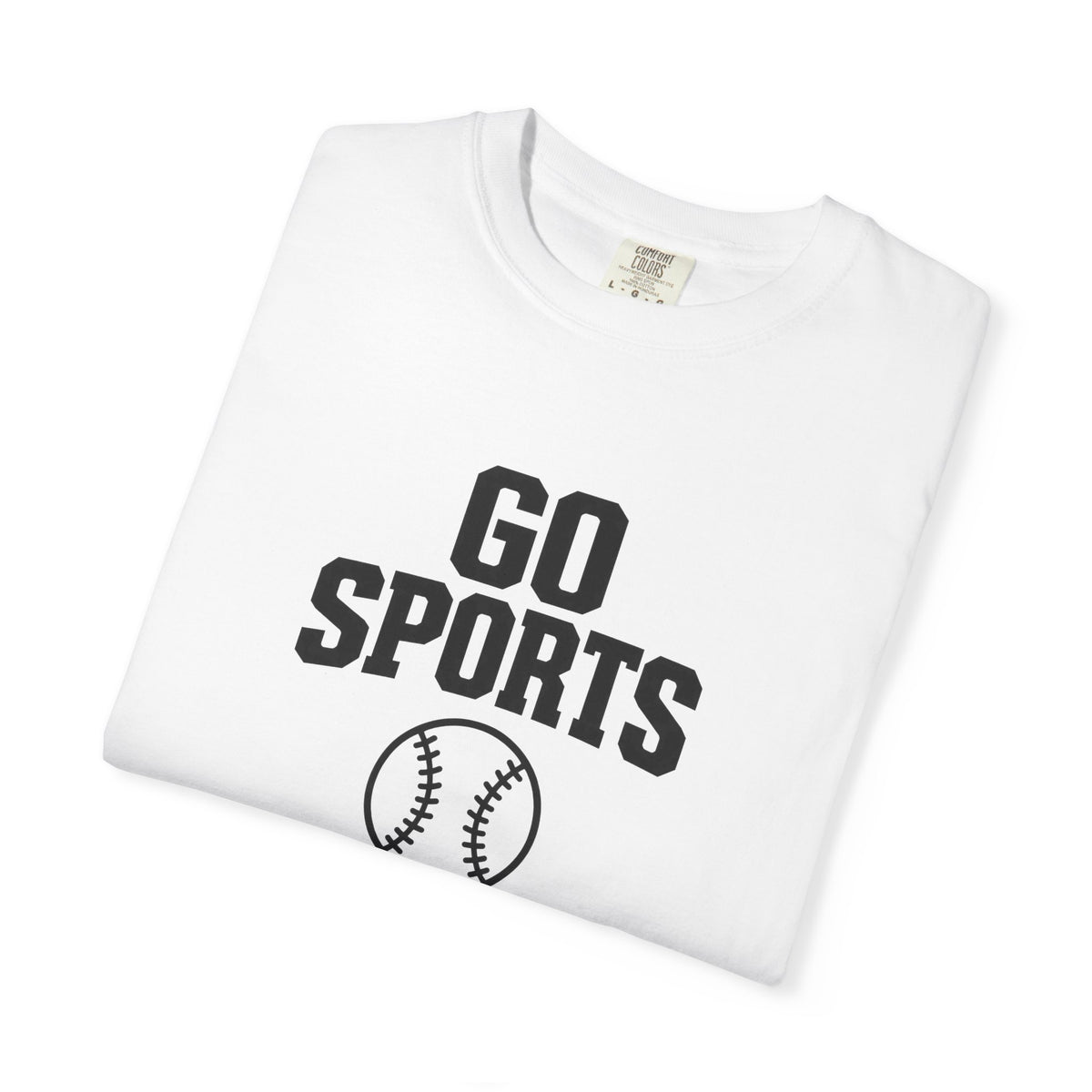 White baseball T-shirt front with Go Sports logo and two-ball graphic