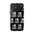 Glossy black phone case with white "I love turbo noises" text blocks and hearts
