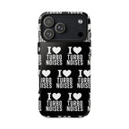 Glossy black phone case with white "I love turbo noises" text blocks and hearts