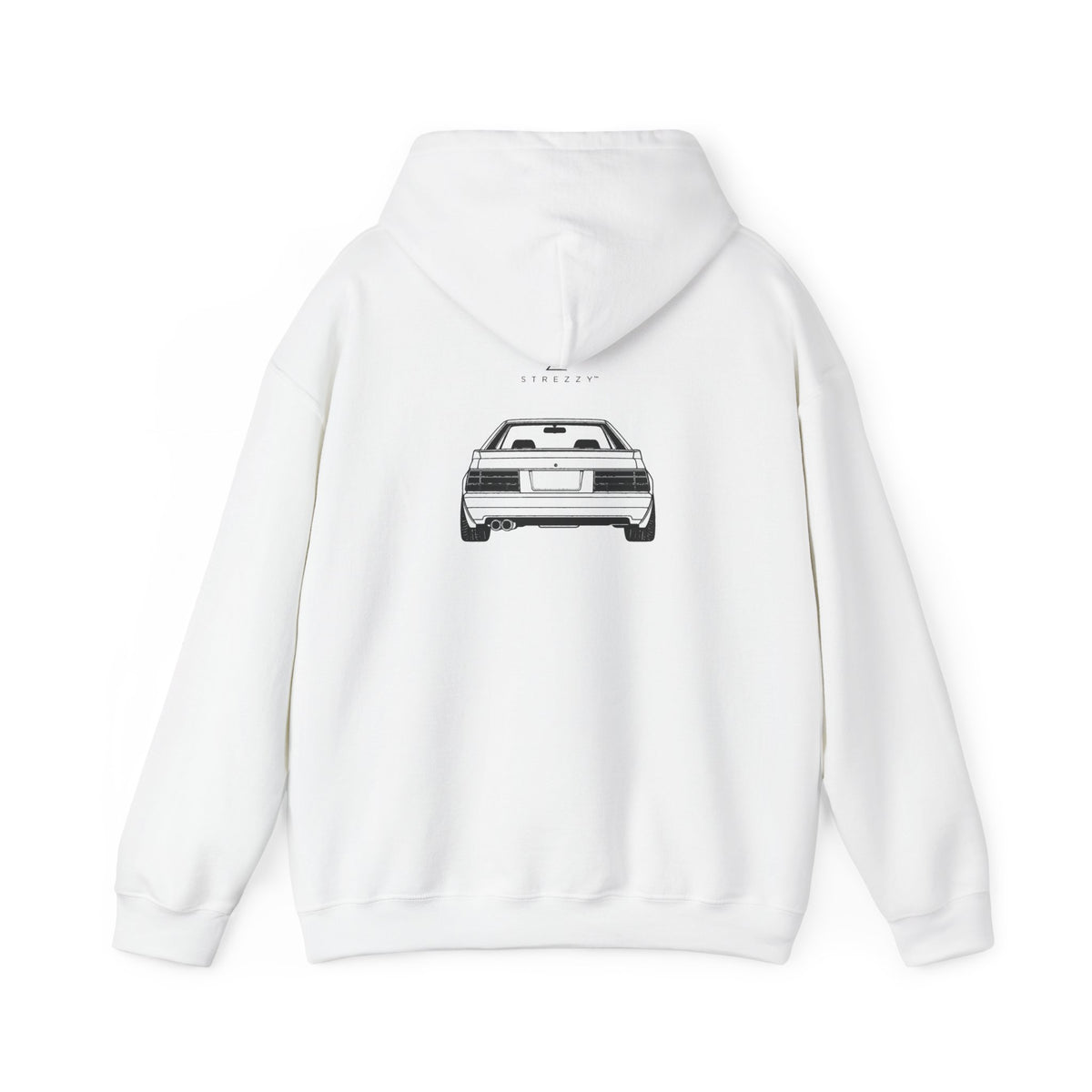White hoodie, back view with car graphic print and hood.