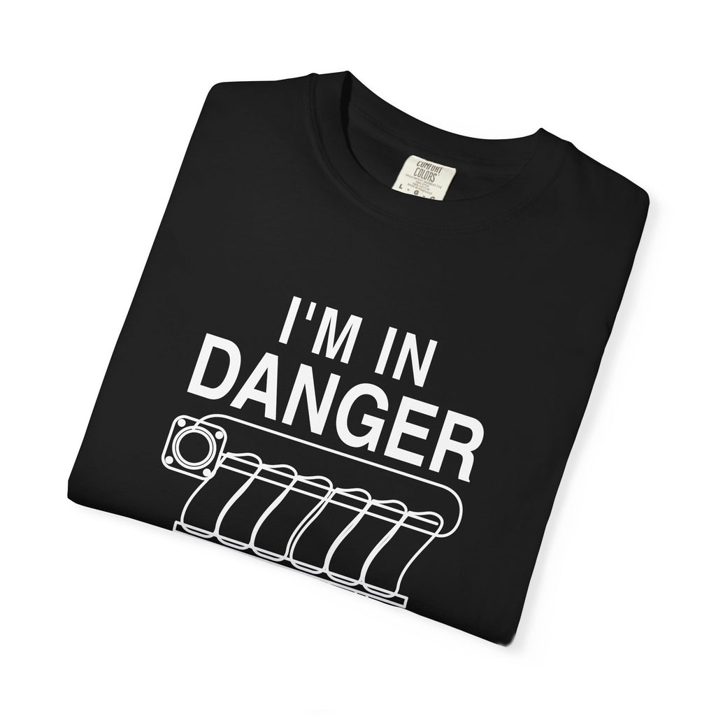 Black crewneck T-shirt with large “I'M IN DANGER” graphic and tank illustration