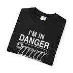 Black crewneck T-shirt with large “I'M IN DANGER” graphic and tank illustration