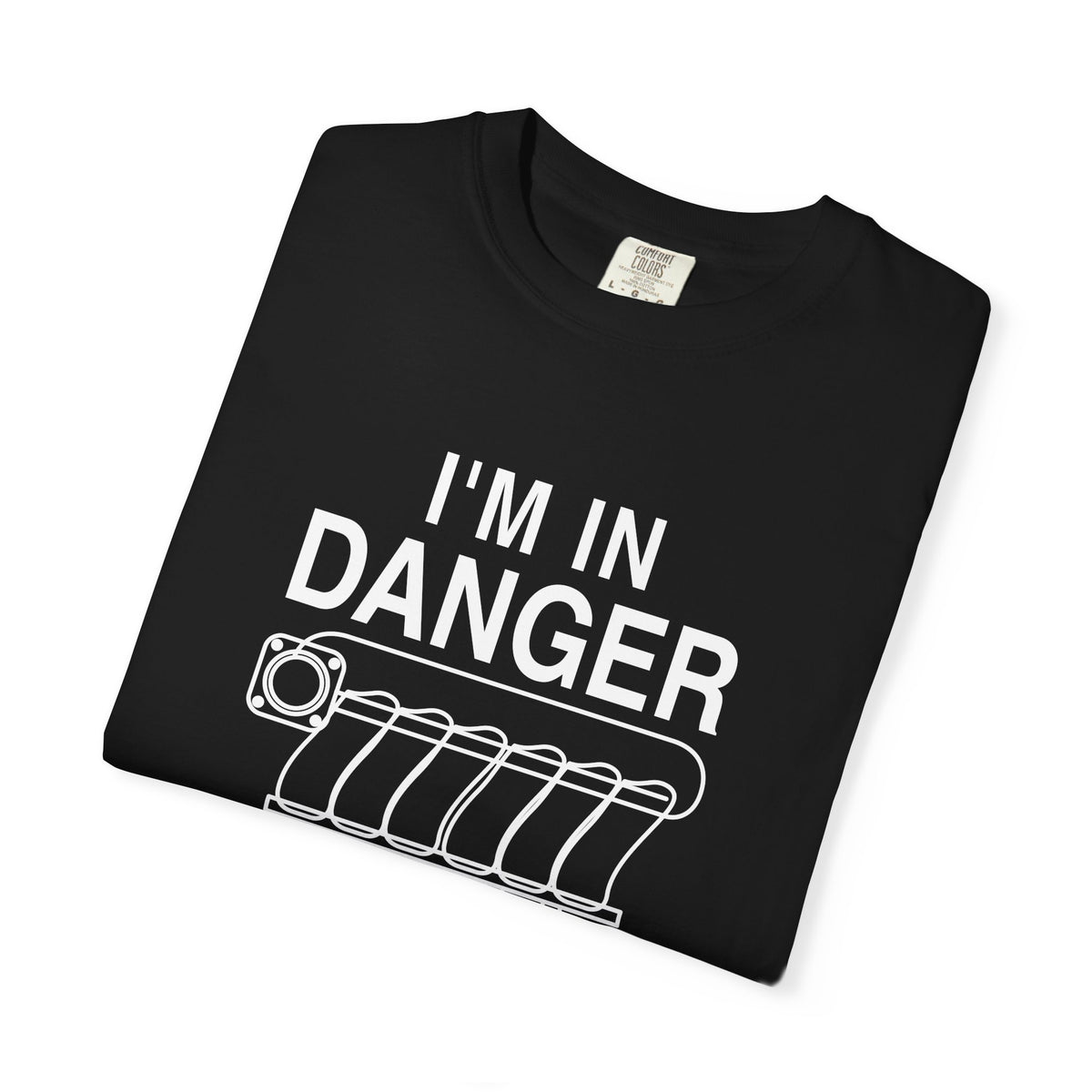 Black crewneck T-shirt with large “I'M IN DANGER” graphic and tank illustration