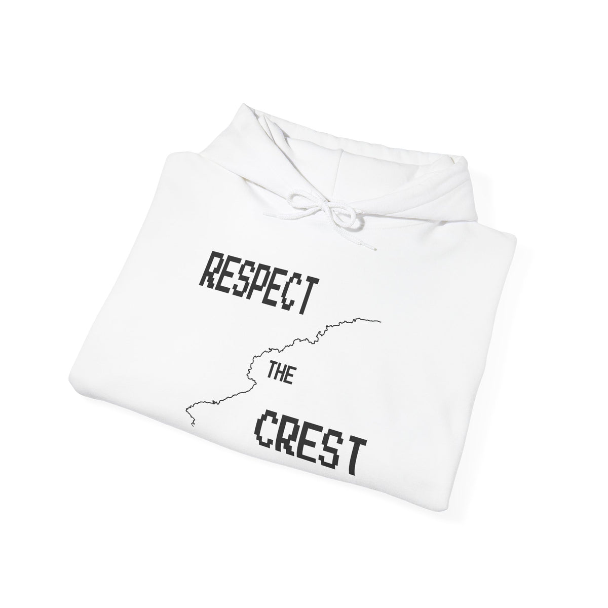 White Respect Crest hoodie, folded view, drawstring hood and front pouch pocket