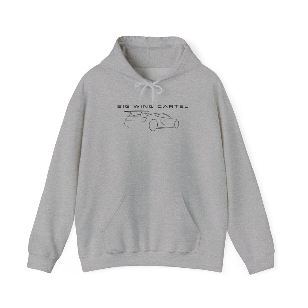 Sport gray hoodie with BIG WING CARTEL car graphic, kangaroo pocket, drawstring hood