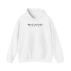 White hoodie with front logo print, drawstring hood, and kangaroo pocket.