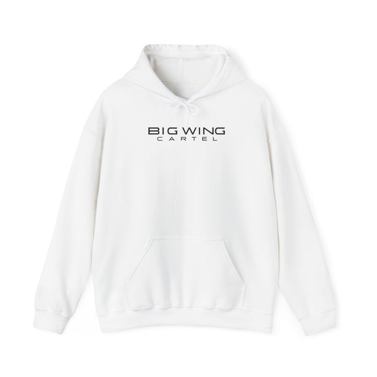 White hoodie with front logo print, drawstring hood, and kangaroo pocket.