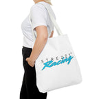White tote bag with Strezzy Racing logo on side and long shoulder handles