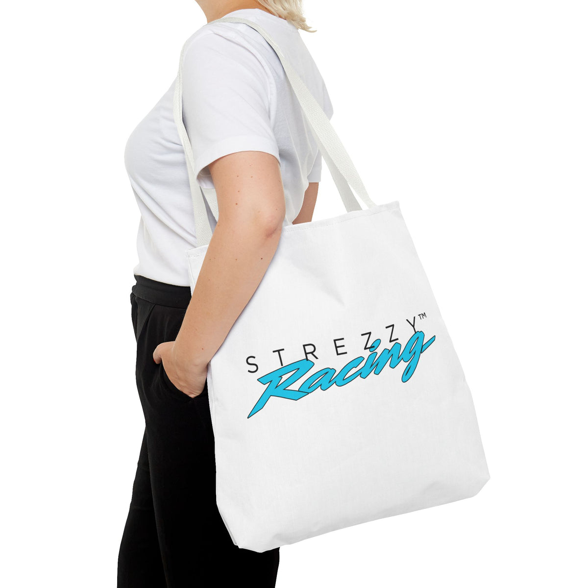 White tote bag with Strezzy Racing logo on side and long shoulder handles