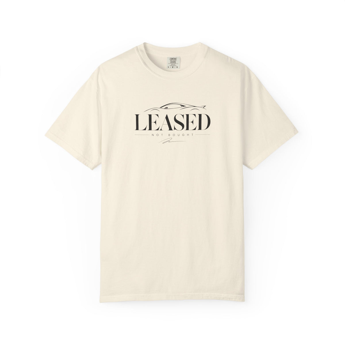 Ivory crew-neck T-shirt with “LEASED not bought” graphic print on front