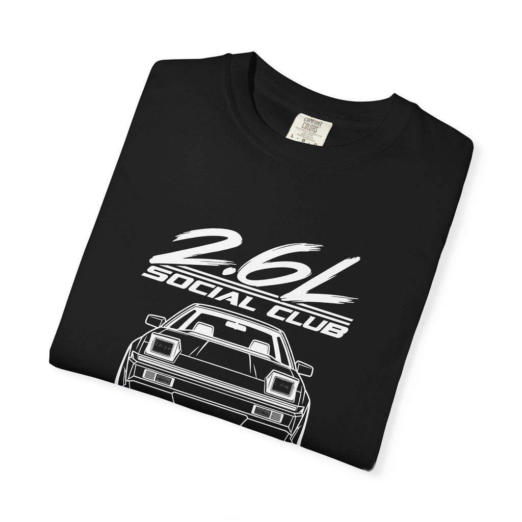 Black crew-neck T-shirt with 2.6L Social Club car graphic on front