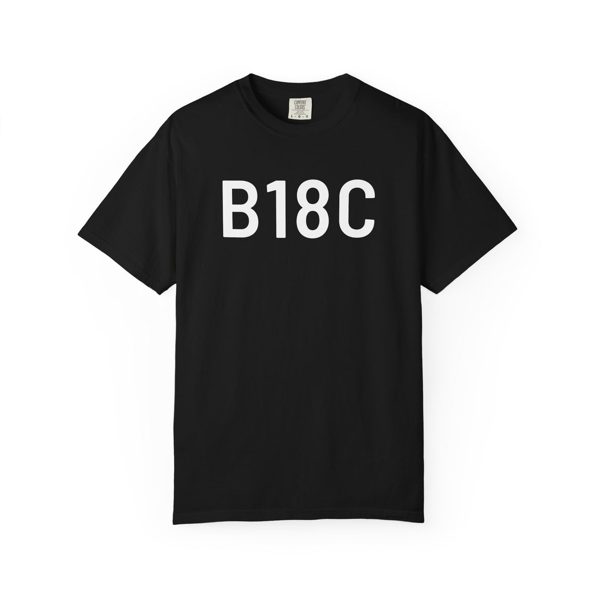 Black graphic T-shirt with large white “B18C” print on the chest