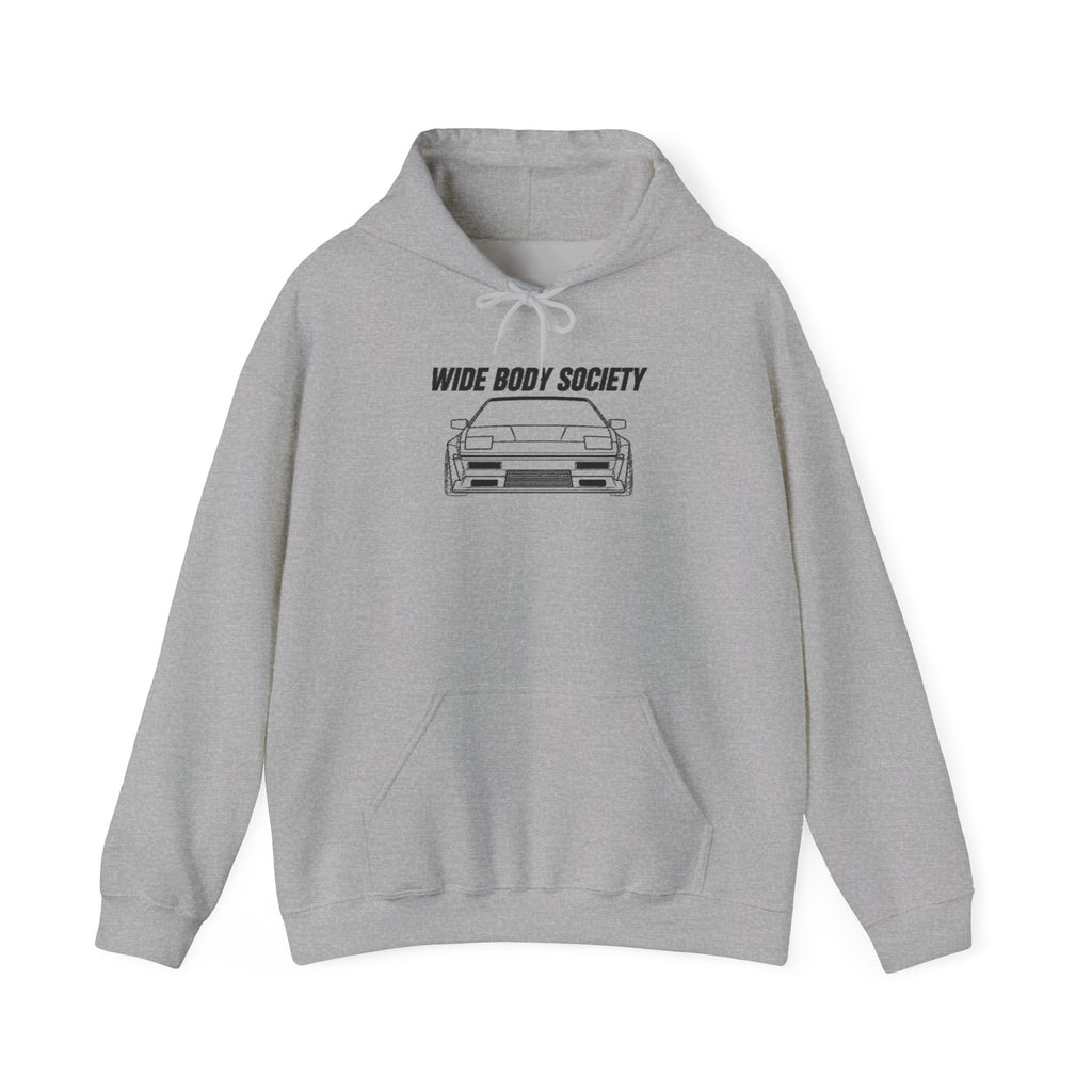 Light gray hoodie with front pocket and drawstring hood; outlined car graphic on chest.