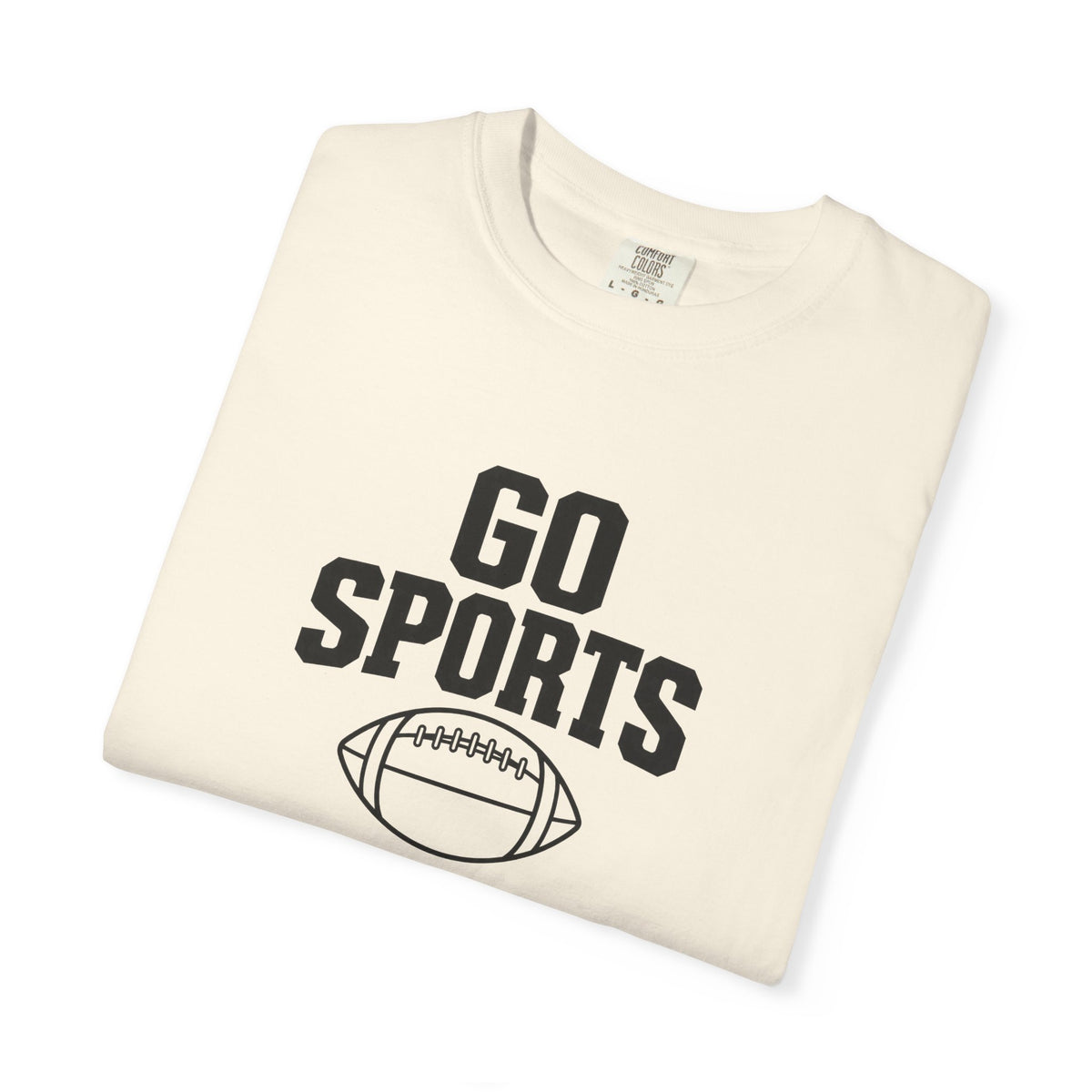 Ivory football T-shirt with black 'GO SPORTS' logo and football graphic