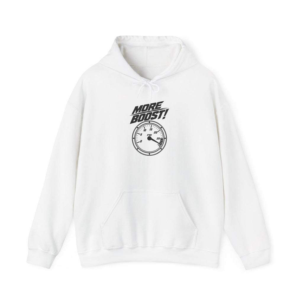 White pullover hoodie with drawstring hood and front gauge graphic