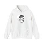 White pullover hoodie with drawstring hood and front gauge graphic