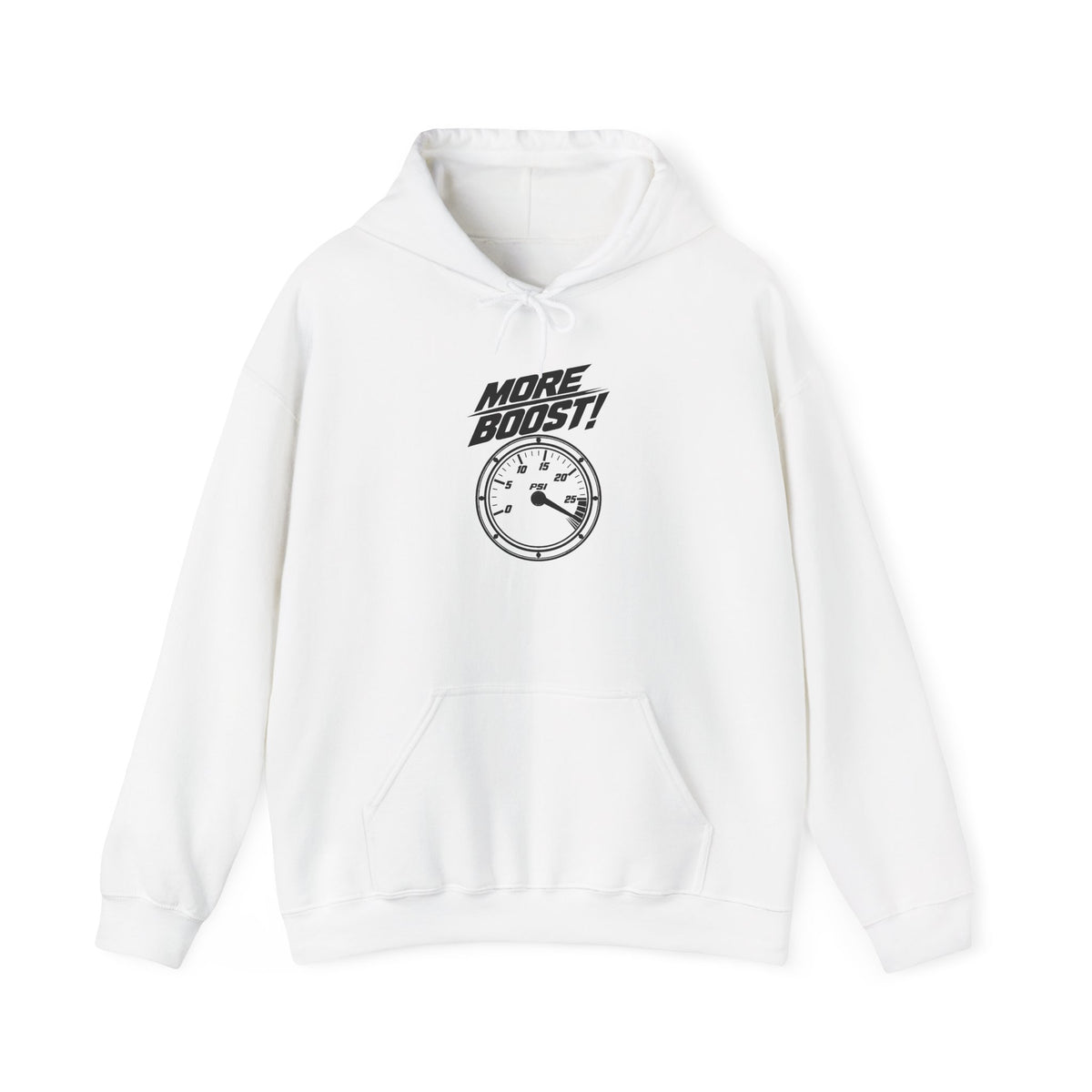 White pullover hoodie with drawstring hood and front gauge graphic