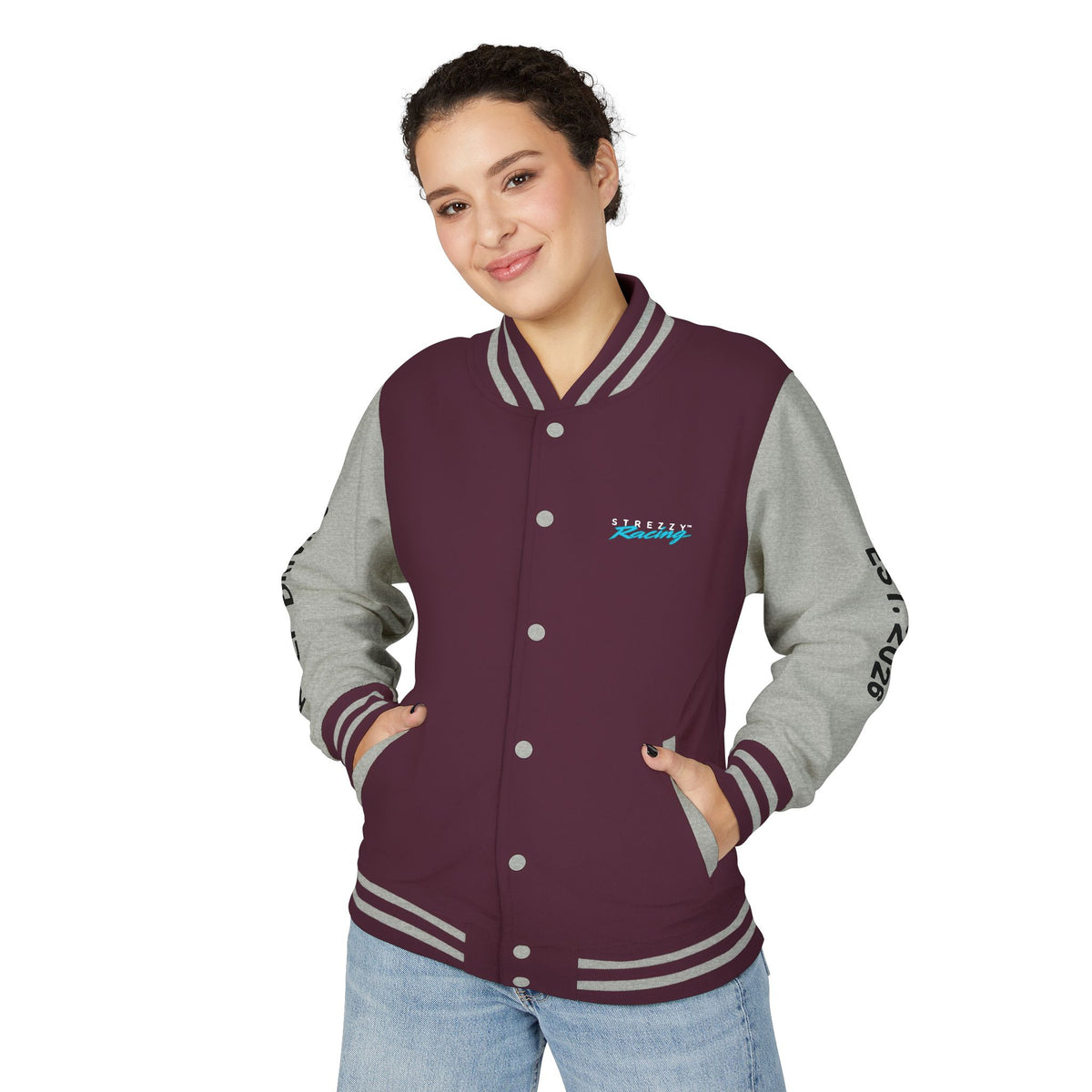 Burgundy button varsity jacket with gray sleeves, striped ribbed hem and cuffs