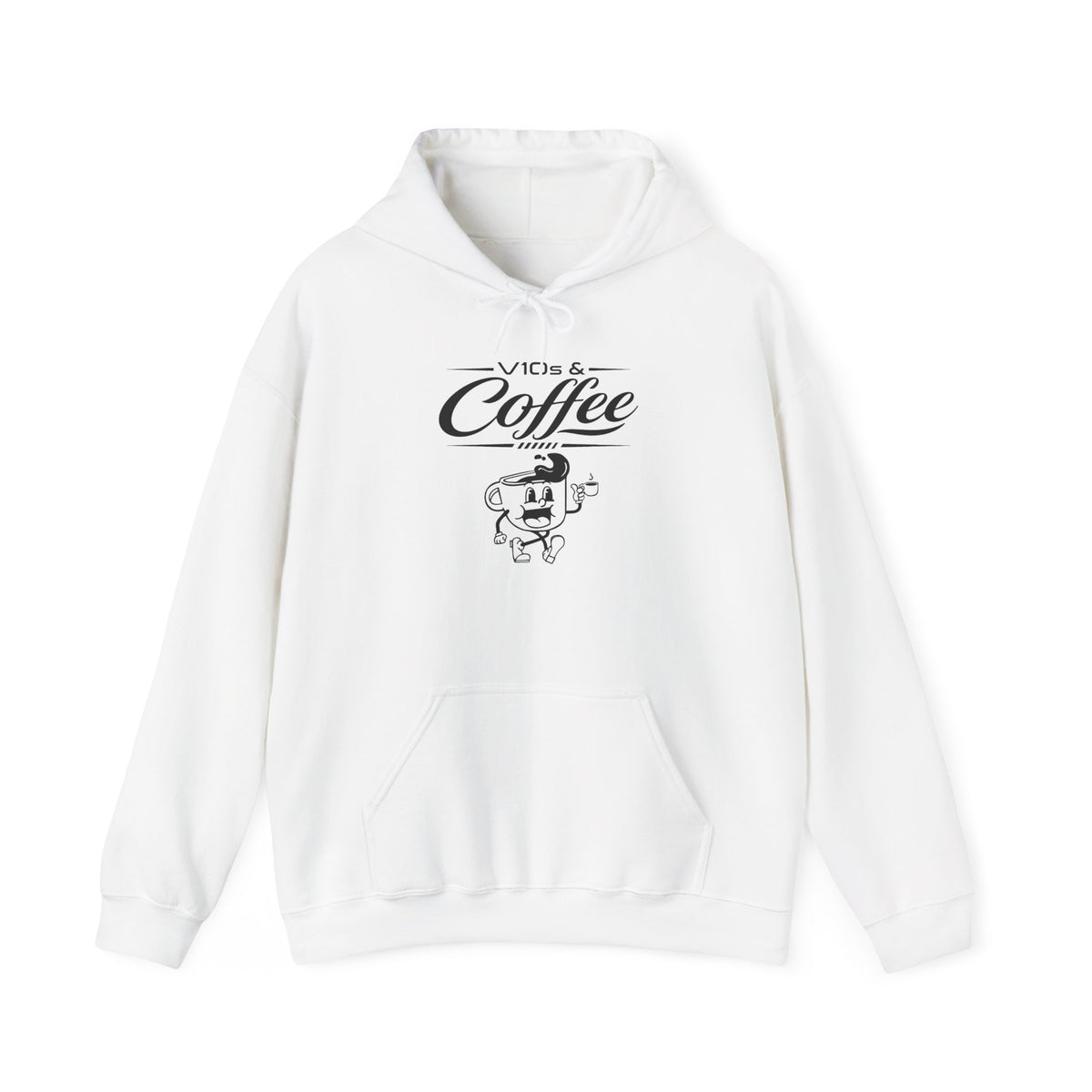 White pullover hoodie with hood, drawstring, kangaroo pocket, and Coffee logo graphic