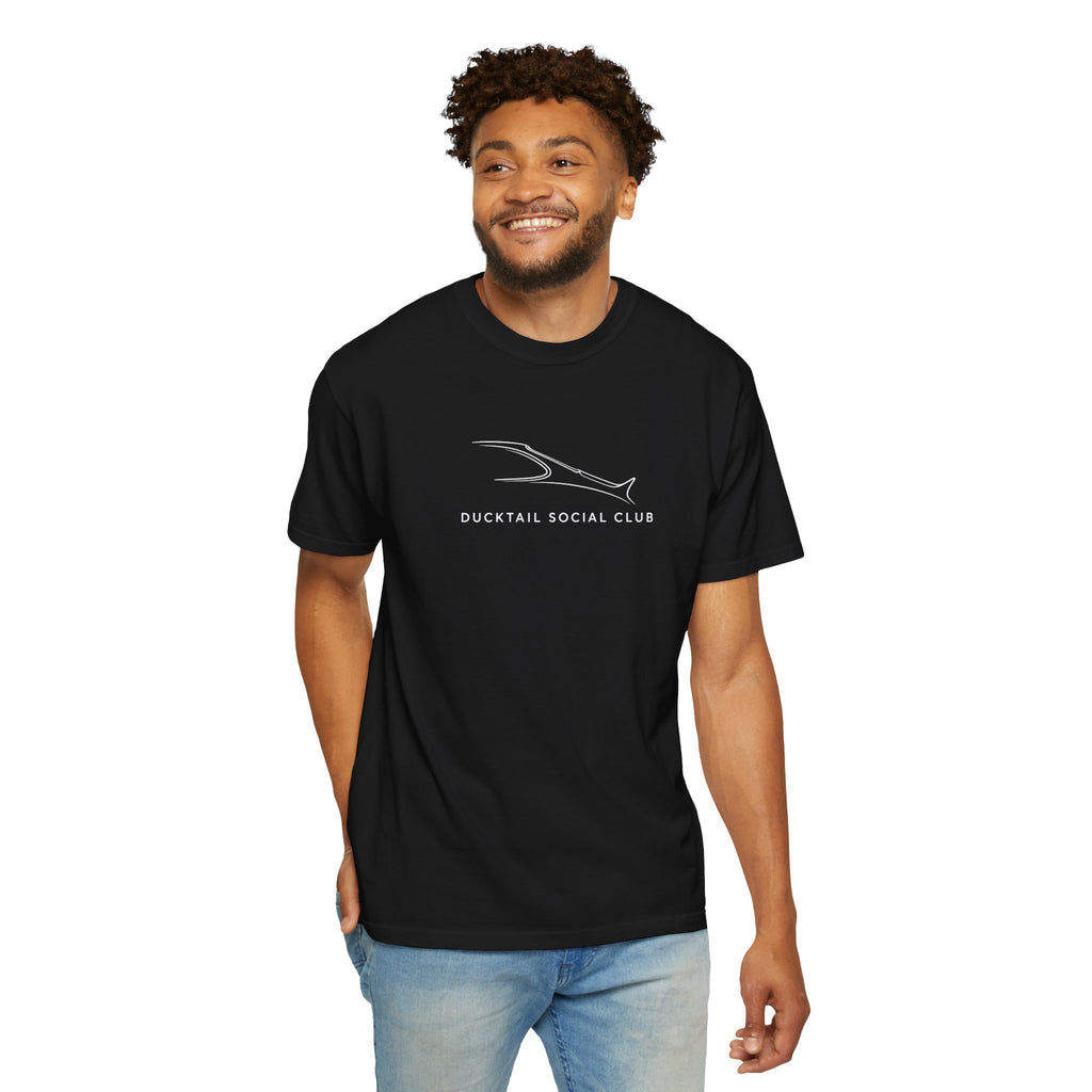 Black crew-neck T-shirt on model with fish logo and “Ducktail Social Club” print