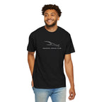 Black crew-neck T-shirt on model with fish logo and “Ducktail Social Club” print